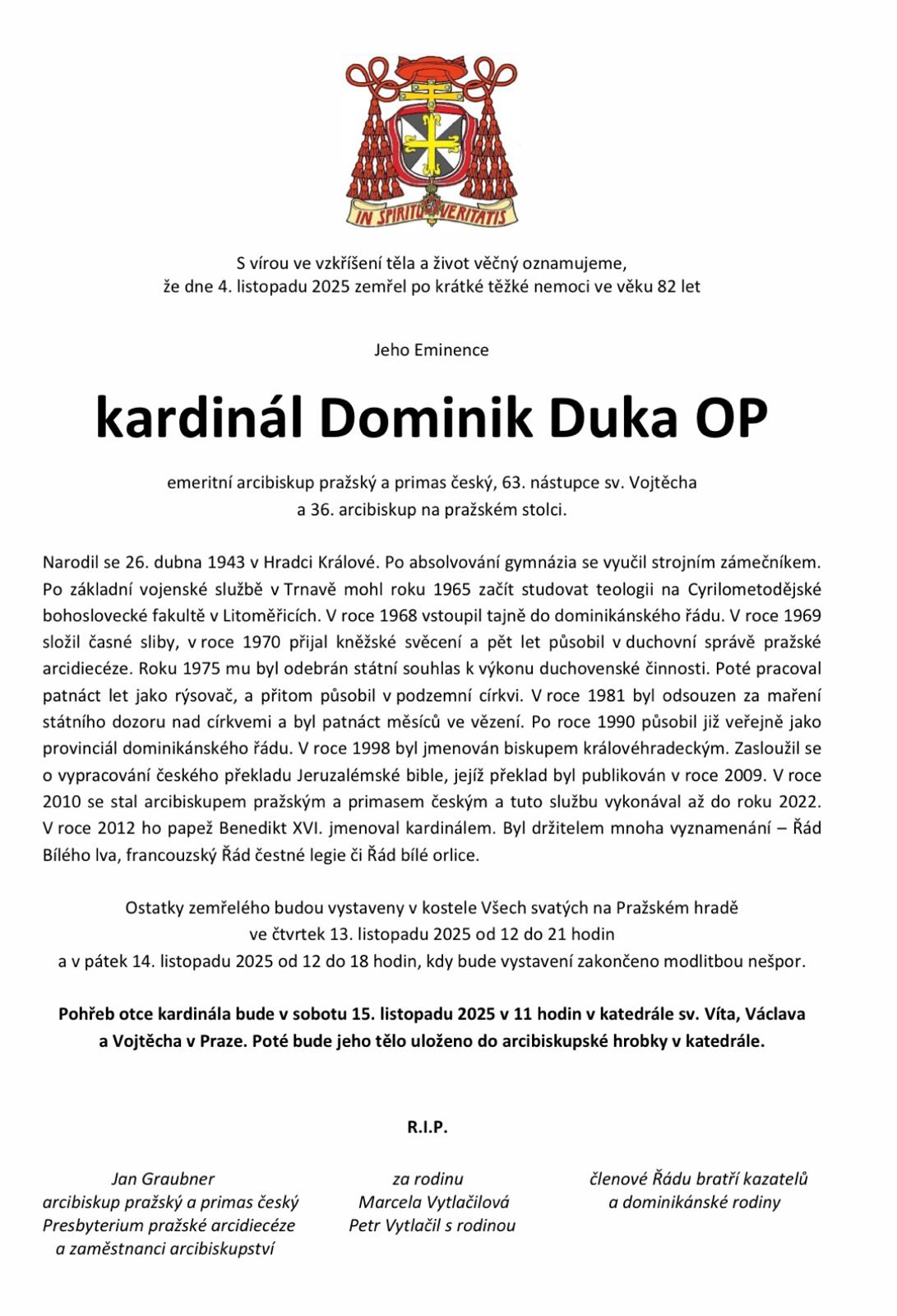 Zádušní mše svatá za Dominika kardinála Duku